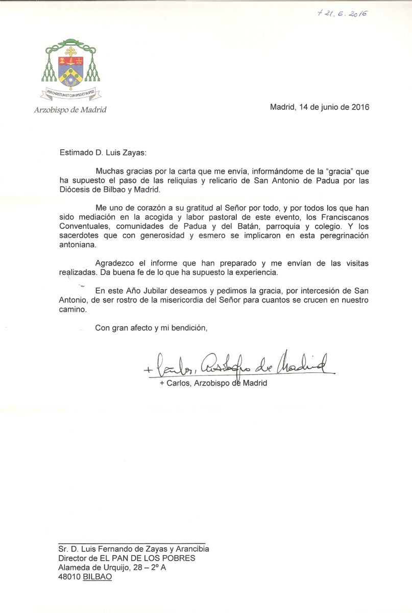 Cartas de agradecimiento para EL PAN DE LOS POBRES  El 